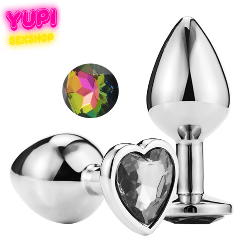 Серебристая металлическая анальная пробка Heart Rainbow S