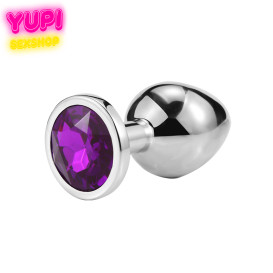 Серебристая металлическая анальная пробка Circle Dark Purple M