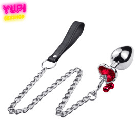 Металлическая анальная пробка с поводком Control Bell Heart Red L