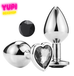 Серебристая металлическая анальная пробка Heart Black S