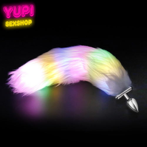 Металева анальна пробка з хвостом, що світиться Fox Glow Rainbow S