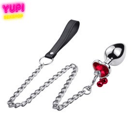 Металева анальна пробка з повідцем Control Bell Heart Red S