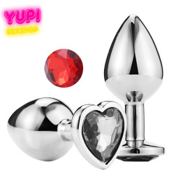 Серебристая металлическая анальная пробка Heart Red S
