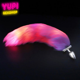 Металлическая анальная пробка со светящимся хвостом Fox Glow Pink S