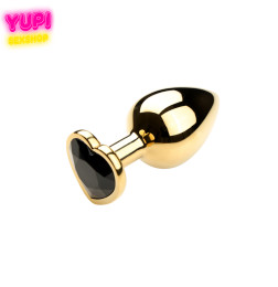 Золотистая металлическая анальная пробка Heart Black S