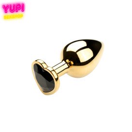 Золотистая металлическая анальная пробка Heart Black S