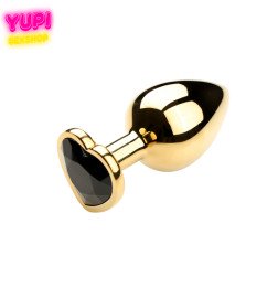 Золотистая металлическая анальная пробка Heart Black M