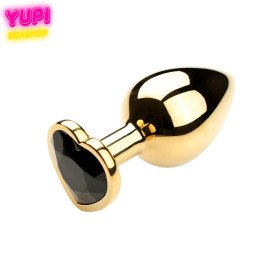 Золотистая металлическая анальная пробка Heart Black L