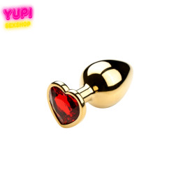 Золотистая металлическая анальная пробка Heart Red S