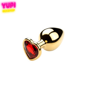 Золотистая металлическая анальная пробка Heart Red S
