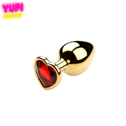 Золотистая металлическая анальная пробка Heart Red S
