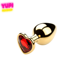 Золотистая металлическая анальная пробка Heart Red M