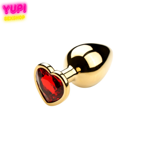 Золотистая металлическая анальная пробка Heart Red M