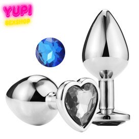 Серебристая металлическая анальная пробка Heart Dark Blue S