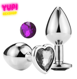 Серебристая металлическая анальная пробка Heart Dark Purple M