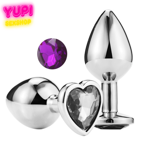 Серебристая металлическая анальная пробка Heart Dark Purple M