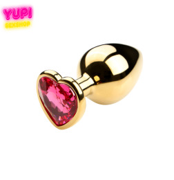 Золотистая металлическая анальная пробка Heart Pink L
