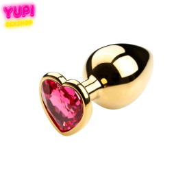 Золотистая металлическая анальная пробка Heart Pink L