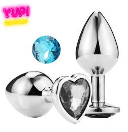 Серебристая металлическая анальная пробка Heart Light Blue S