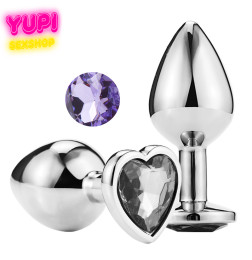 Серебристая металлическая анальная пробка Heart Light Purple M