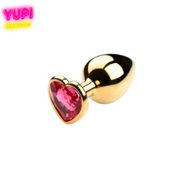 Золотистая металлическая анальная пробка Heart Pink S
