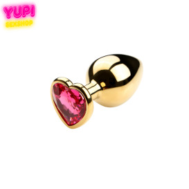 Золотистая металлическая анальная пробка Heart Pink S