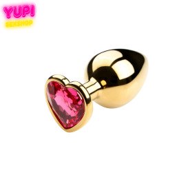Золотистая металлическая анальная пробка Heart Pink M