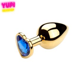 Золотистая металлическая анальная пробка Heart Dark Blue L