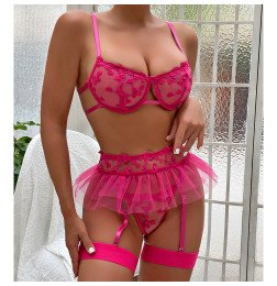 Сексуальне нижнє білизна яскравий мереживний комплект з спідничкою та підв'язками  Terra Hot Pink M