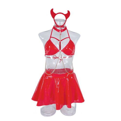 Латексный женский секс комплект дьяволицы–лиф.юбка и обручь–Hellis Love Red XXL