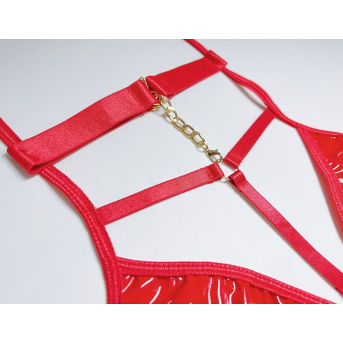 Латексный женский секс комплект дьяволицы–лиф.юбка и обручь–Hellis Love Red M