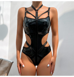 Лакированое боди с ошейником и завязками по бокам Kissmy Black S