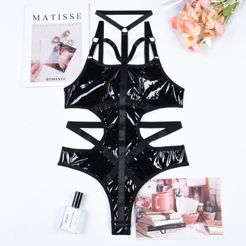 Лакований боді з нашийником та зав'язками з боків Kissmy Black S