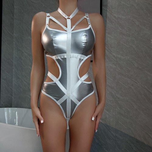 Лакований боді з нашийником та зав'язками з боків Kissmy Silver S