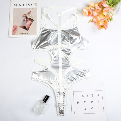 Лакированое боди с ошейником и завязками по бокам Kissmy Silver L