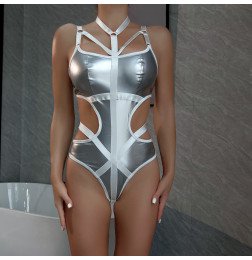 Лакированое боди с ошейником и завязками по бокам Kissmy Silver XL