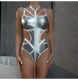 Лакированое боди с ошейником и завязками по бокам Kissmy Silver XXL