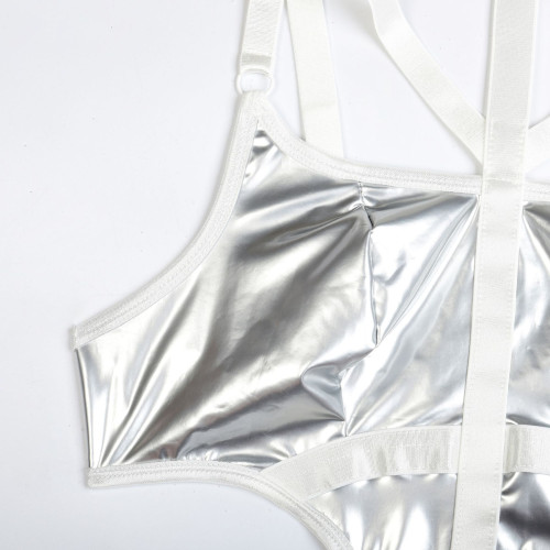 Лакований боді з нашийником та зав'язками з боків Kissmy Silver XXL