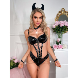 Кожаное боди черного цвета с наручниками и цепью и обручем Hellish Gerl Black L