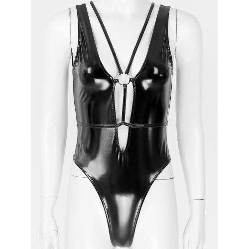 Кожаное боди с открытой спиной и на шнуровке Mona Black L