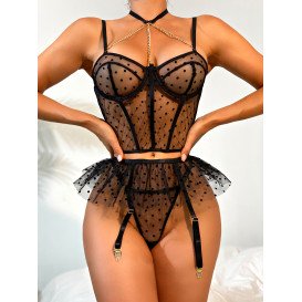 Сексуальное нижнее белье яркий кружевной комплект с юбочкой и подвязками Lace Outfit Black M