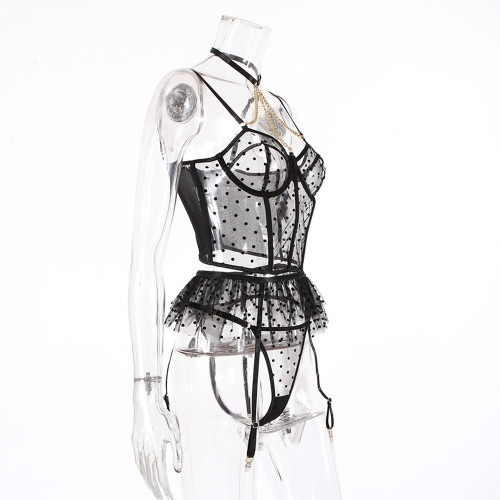 Сексуальное нижнее белье яркий кружевной комплект с юбочкой и подвязками Lace Outfit Black L