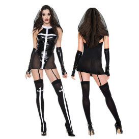 Єротичний вініловий костюм Черниці з панчохами Merra Black