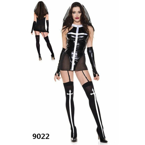 Єротичний вініловий костюм Черниці з панчохами Merra Black
